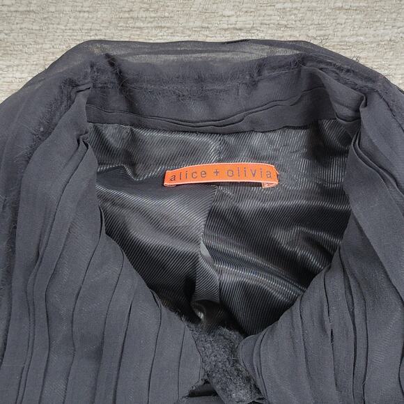 Alice + Olivia Boucle Wool Jacket Womens M Black Silk Crepe Trim Cropped Buttons - Picture 2 of 16